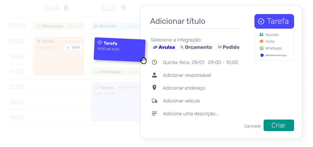 Criação de tarefa na agenda