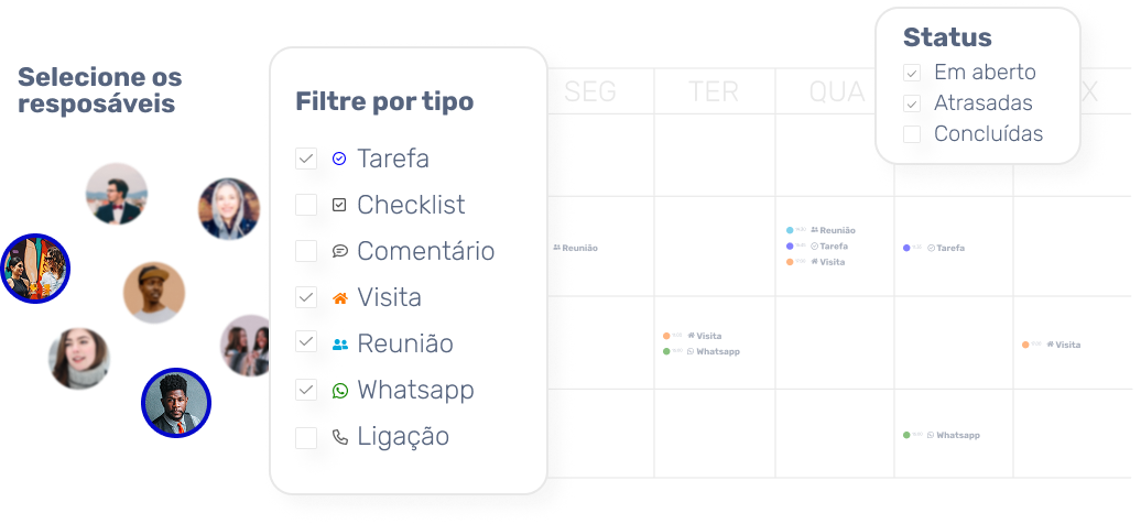 Exemplo de calendário mensal com eventos e filtros