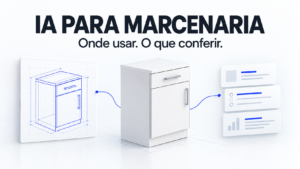 Ilustração de prancha técnica, módulo de armário e cartões de orçamento para representar o uso de IA na marcenaria.