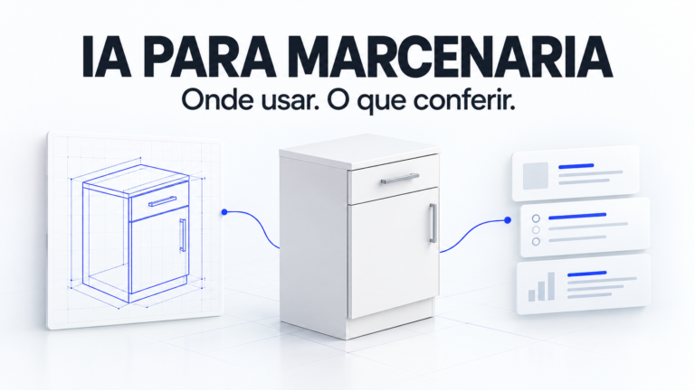 Ilustração de prancha técnica, módulo de armário e cartões de orçamento para representar o uso de IA na marcenaria.