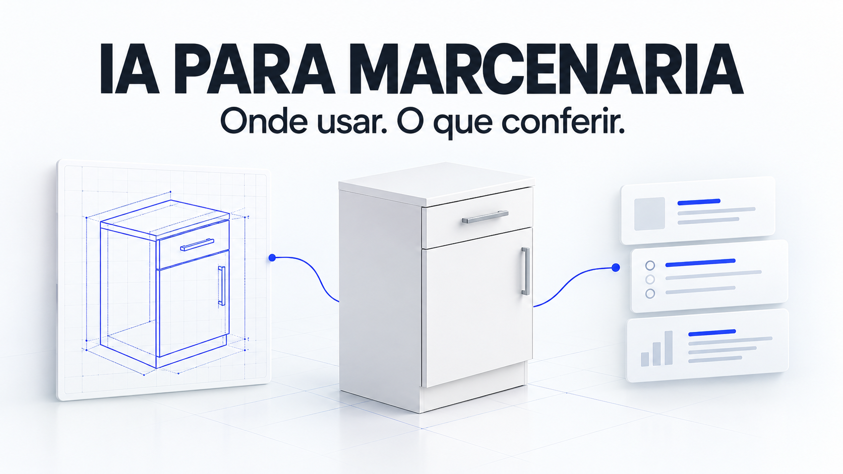 Ilustração de prancha técnica, módulo de armário e cartões de orçamento para representar o uso de IA na marcenaria.