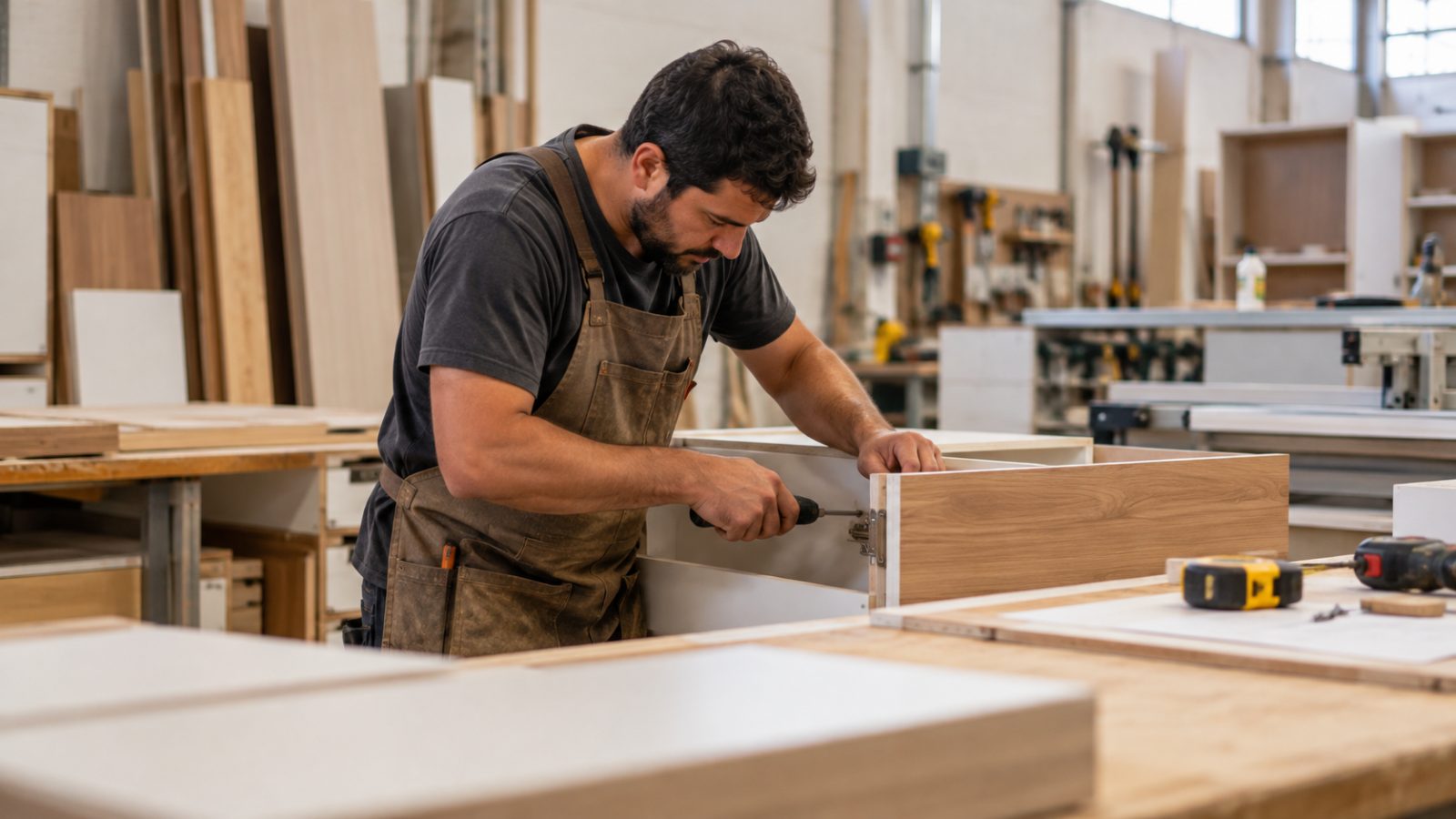 Marceneiro montando um módulo de MDF na marcenaria