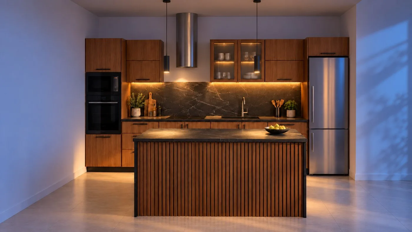 Render com IA da cozinha na hora azul