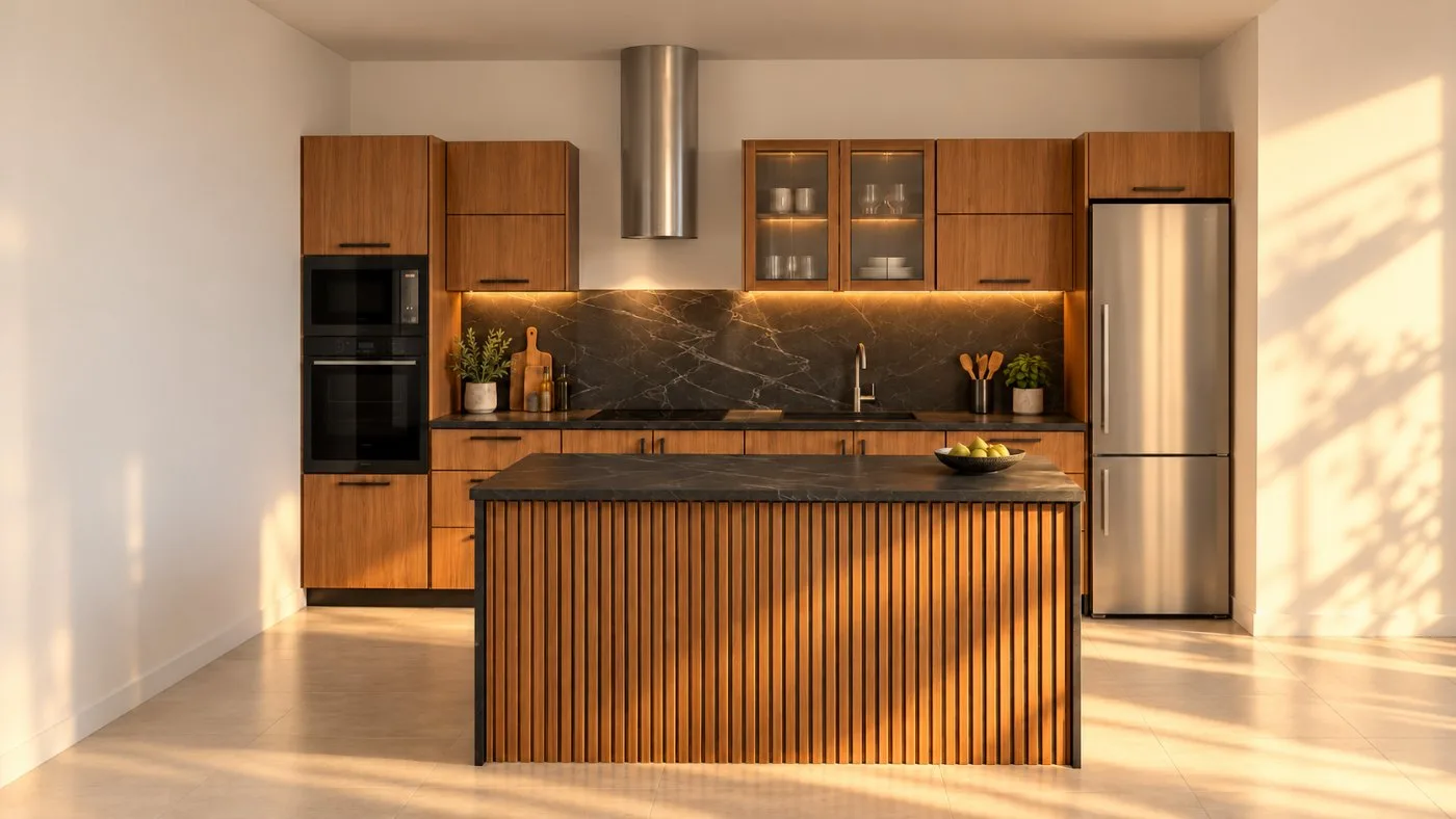 Render com IA da cozinha na hora dourada