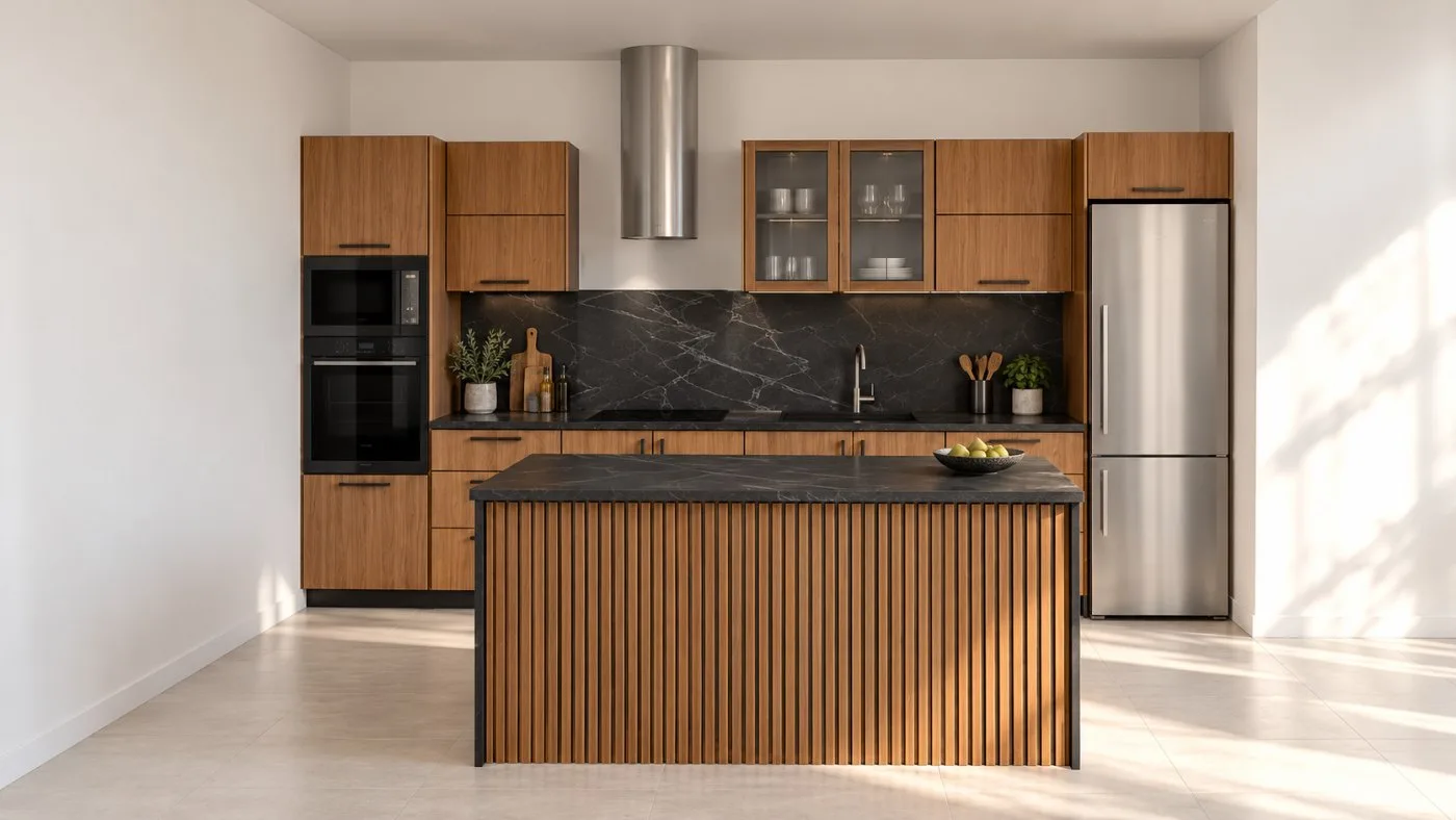 Render com IA da cozinha com luz natural do dia